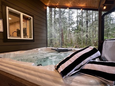 Covered hot tub for relaxing