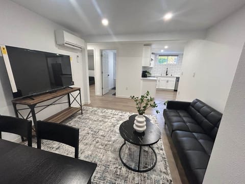 Spacious living room with smart 58 inches TV and sofa bed.