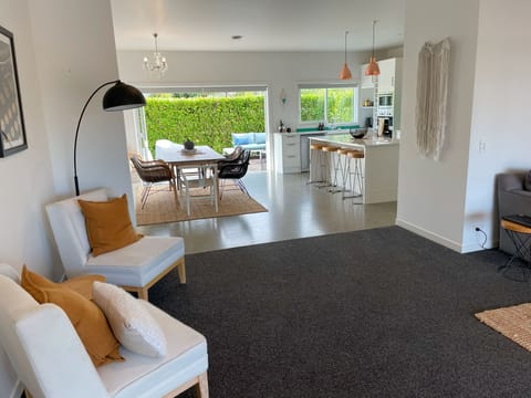 Lounge through dining to outside