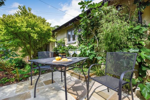 The courtyard has a lush, semi-tropical feel.