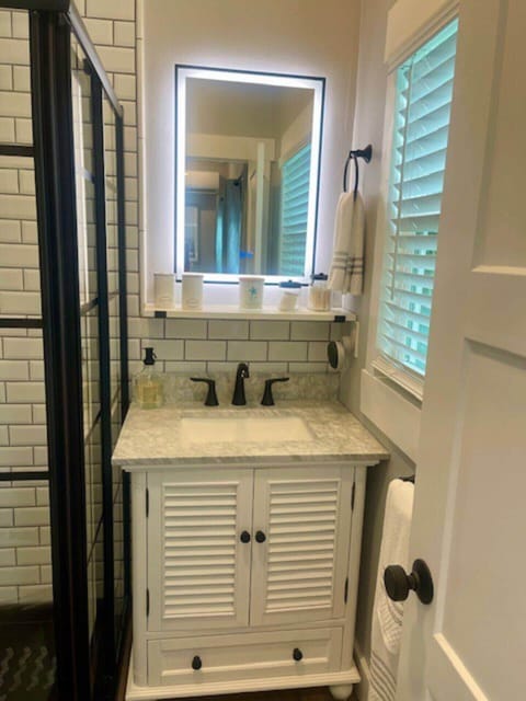 Exciting features like a Google mini and lighted mirror make this bathroom functional and fun