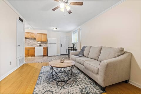 Bright living room with comfy sofa and open layout