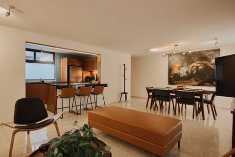 View from the living area, kitchen and dining area.