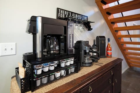 coffee station with k-cup and regular coffee provided, individual powdered plain creamer, syrup pumps, tea and honey - bring your own wine :)