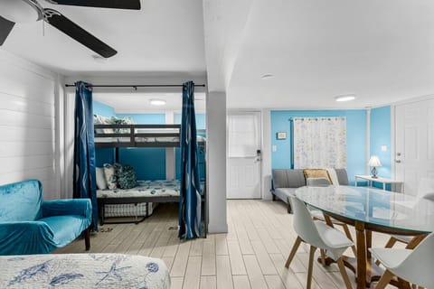 Bunk bed space with privacy curtain