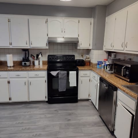 Kitchen cabinets, counter tops, stove and dishwasher