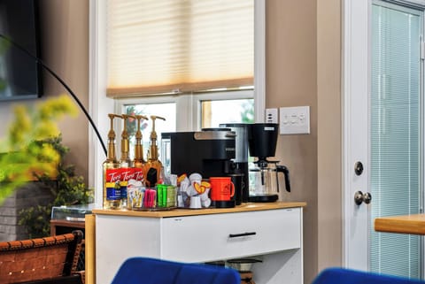 We want to make your mornings great by providing many coffee options to get you going. This coffee bar has it all!! K-cup machine, fancy drip pot and all the accessories you might need!