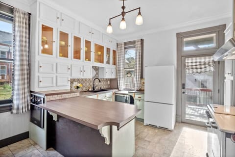 Wall oven and microwave are here for convenience on top of our historic gas stove.