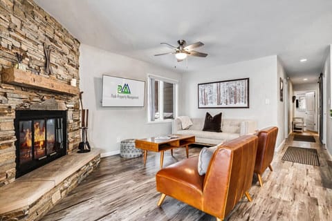 Beautiful stone fireplace and inviting living room