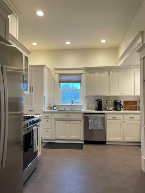 Large kitchen, all new appliances. Fully equipped & has drip & Keurig coffee.