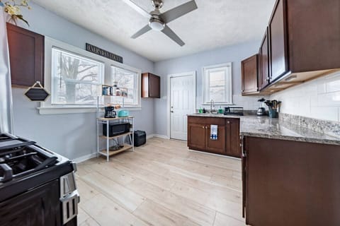 The kitchen is spacious and well-stocked