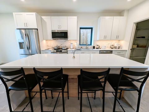 Fully-equipped contemporary chef's kitchen with high end appliances.