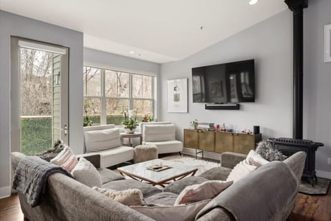 Living Room with Large Windows & TV