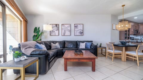 The living room is comfortable in this newly remodeled condominium.