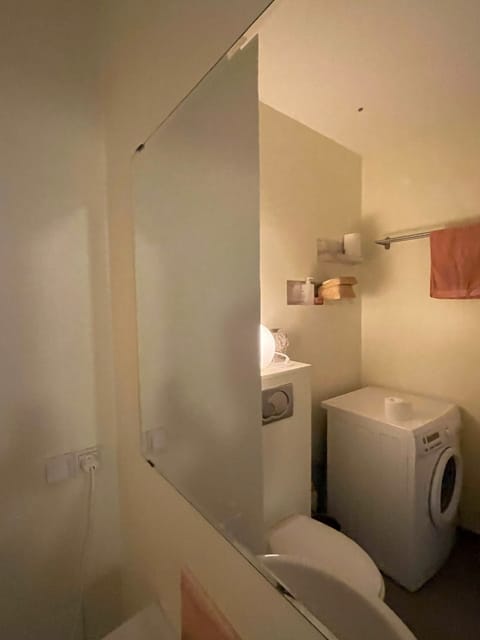 bathroom with shower and washing machine