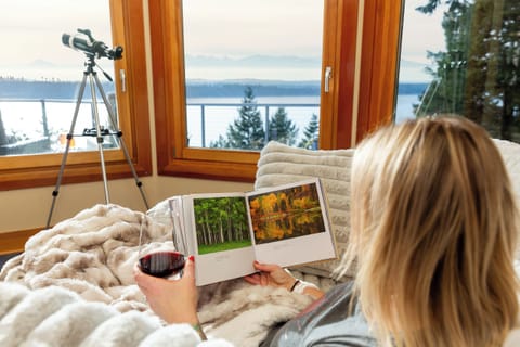 Relax in the plush chaise, enjoy a good book, or stargaze with our telescope.