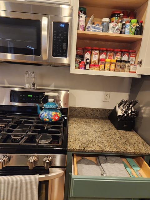 Microwave, gas range, knife block, cooking basics 