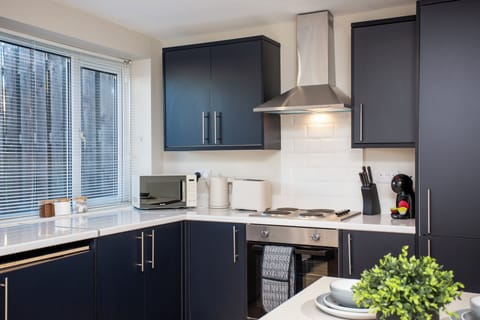 This image displays a close-up view of the kitchen counter with navy blue cabinets, modern kitchen appliances, and a plant for decoration. The window allows natural light to brighten the space.