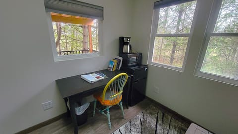 Cabin #1 desk, fridge, microwave and coffee pot