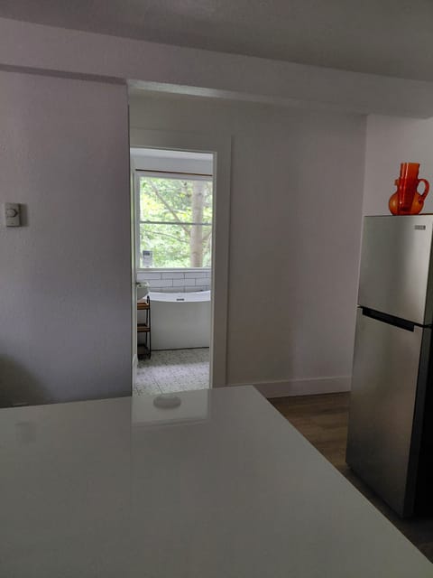 View East kitchen to bathroom to creek