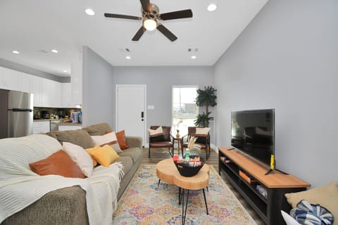 Living room with big smart TV.