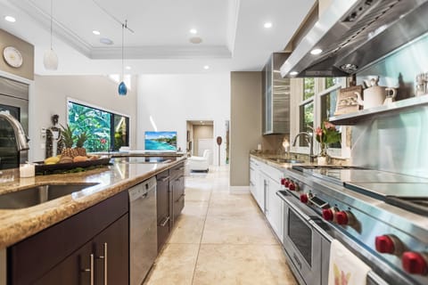 Long galley kitchen with premium finishes and double ovens.