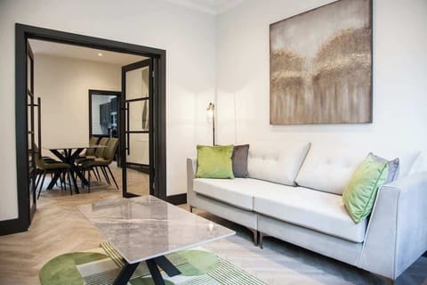 Sofa in the living room and a coffee table that leads to the dining room