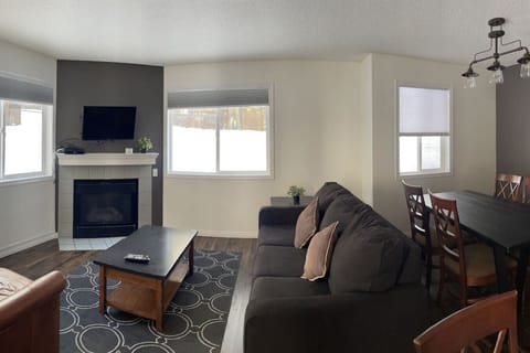 Open concept living room with fireplace. No sofa bed.