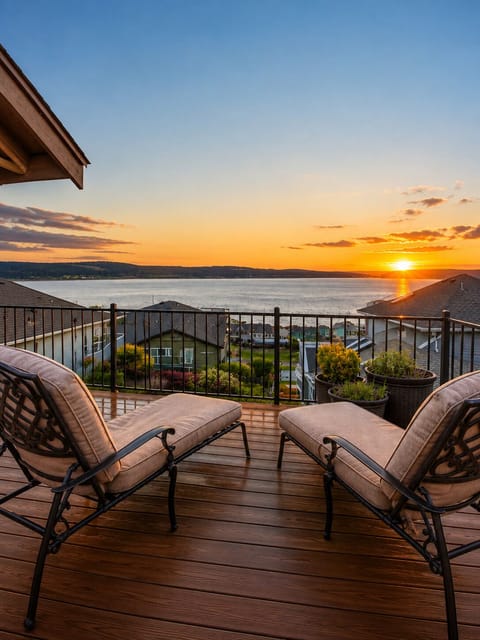 Private sunset-view deck with lounge chairs and stunning waterfront vistas