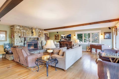 Mountain style living room with fireplace, smart TV and games