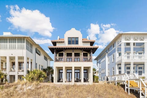 Stunning beachfront homes create a charming coastal neighborhood with distinctive architecture and natural dune landscaping.