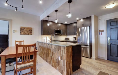 Modern kitchen and dining area.