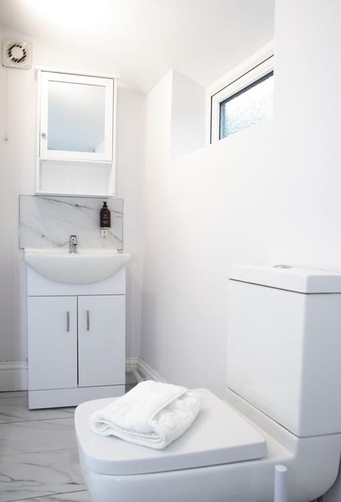 Clean and contemporary bathroom with modern sink unit and toilet, ideal for business and leisure guests.