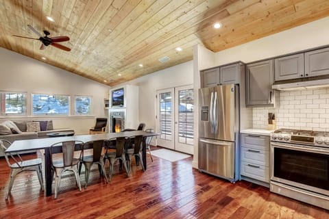 Dining table and kitchen area