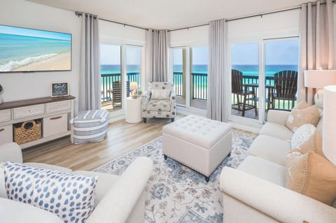 Breathtaking wraparound balcony with stunning views of the Gulf of Mexico visible right from the living room