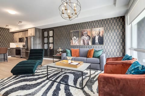 Living room with a queen sofa bed.