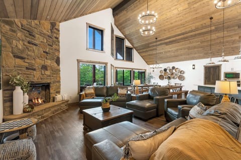 Living Area with ample seating and a cozy fireplace