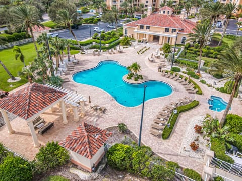 Aerial view of the pool area in the community.