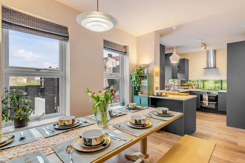 Open-plan dining space with seating for eight