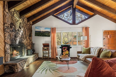 Cozy, spacious living room with wood fireplace, 50" Smart Tv, record player