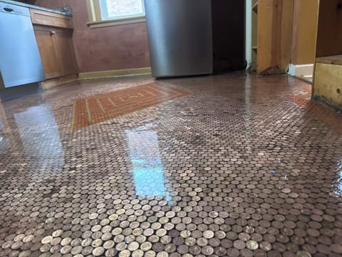 Decorative Penny floor in Kitchen.