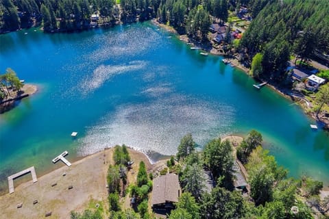Aerial view of the pristine, crystal-clear swimmable lake