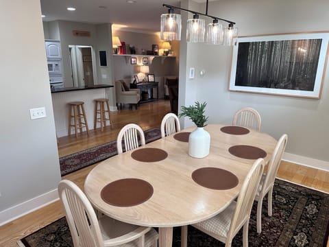 Dining room looking toward kitchen and reading area.
