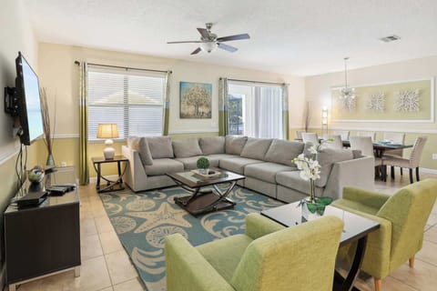Group-friendly living room with smart TV and high speed internet 