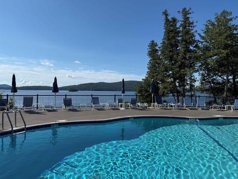 Heated pool with view of the lake