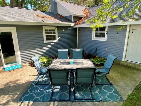 Back yard patio with fun lights for night time enjoyment