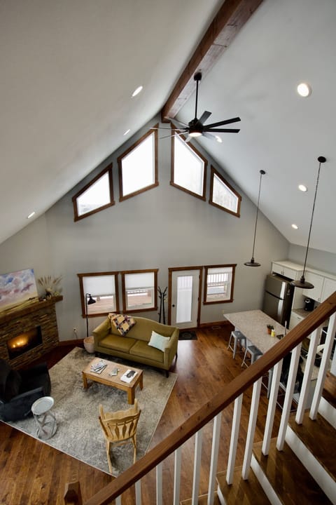 Envisage great room from office loft: kitchen and living room.
