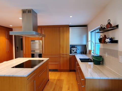 Kitchen with new cabinetry, quartzite countertops, and built-in appliances.