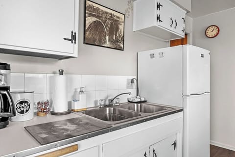 Essentials: paper towels, dish soap, towels, and a fridge for groceries.