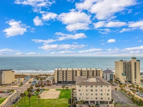 aerial view of building and ocean